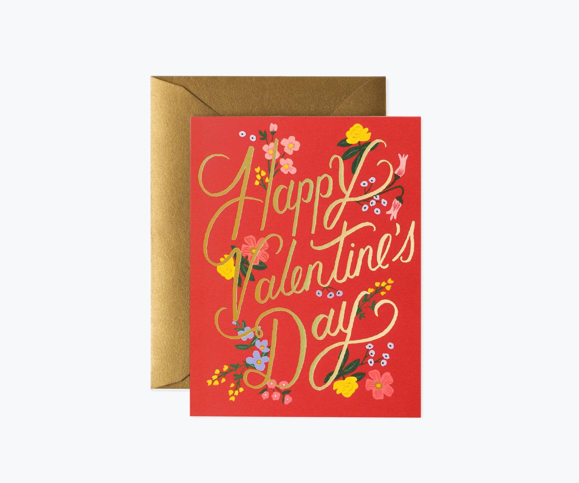 Valentine's Day card with floral designs and 'Happy Valentine's Day' text on a red background.