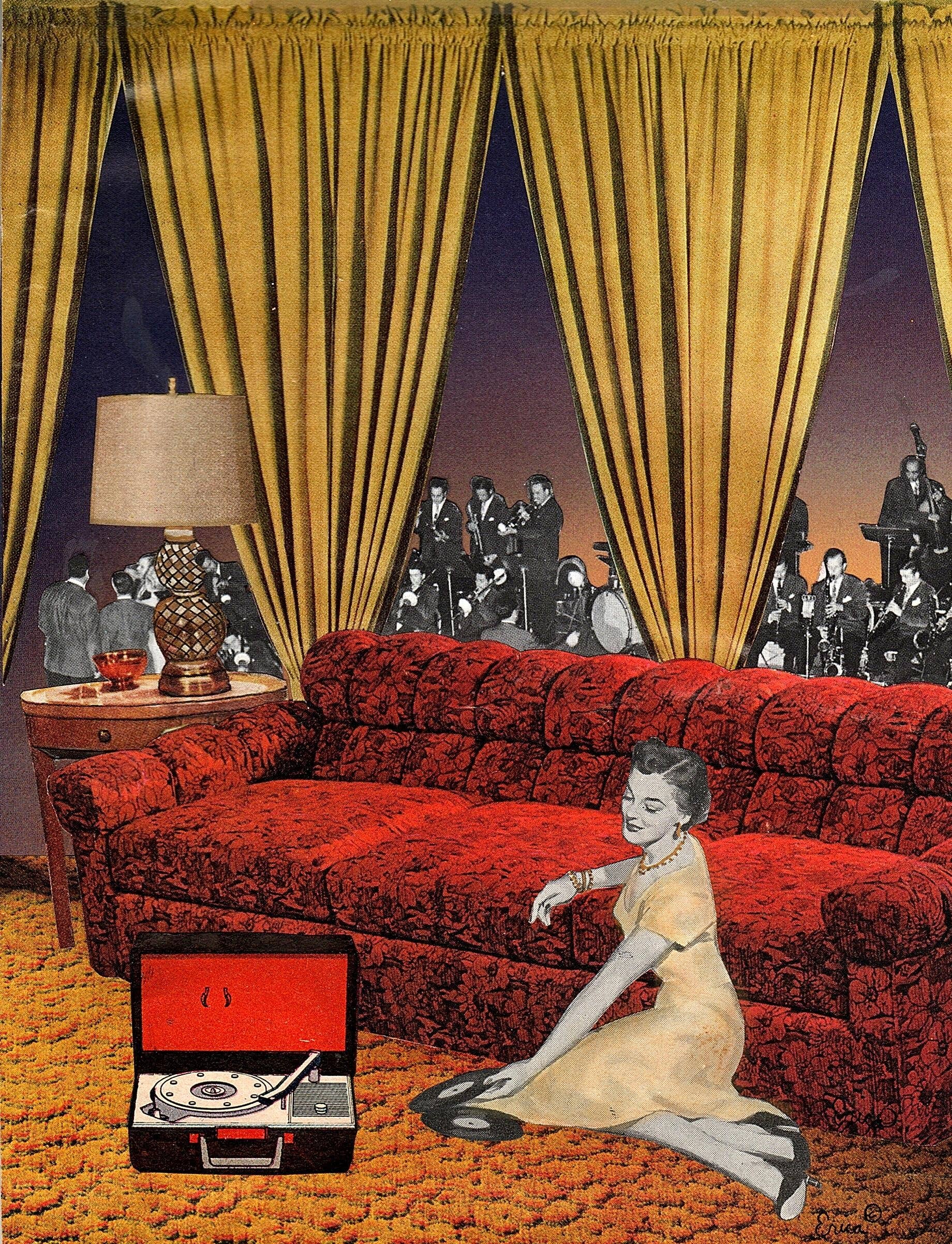 Woman sitting on a red sofa listening to records with a record player, surrounded by yellow curtains and a band in the background.