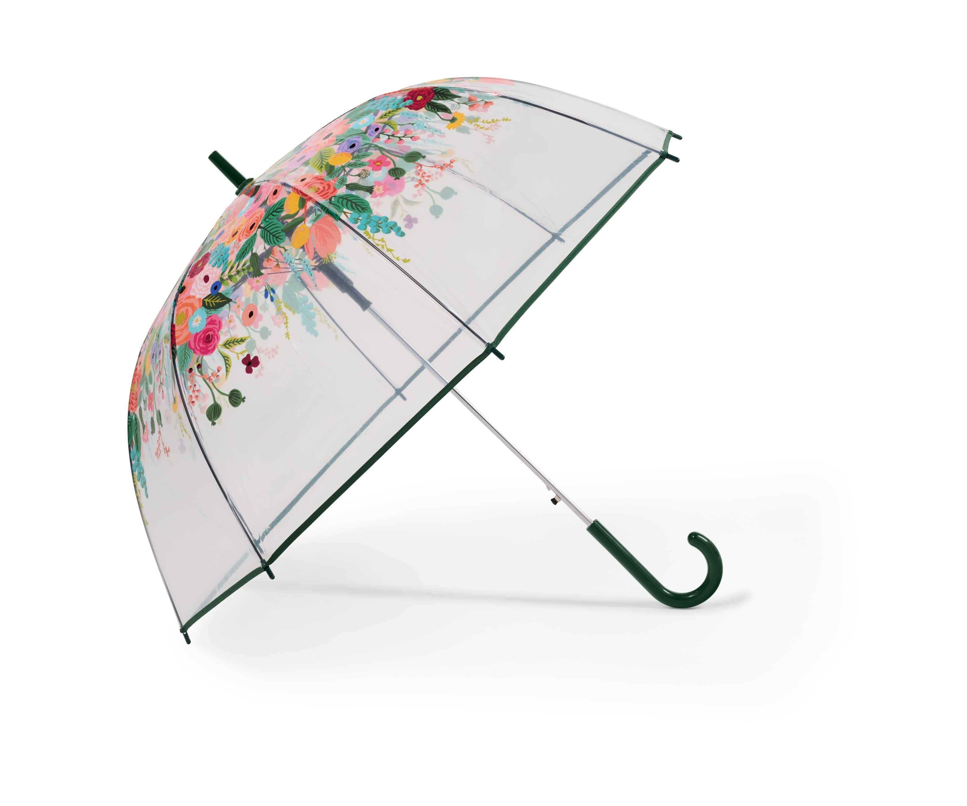 Clear umbrella with floral design on a white background