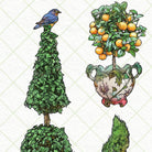 Illustration of a bird on a topiary, an urn with plants, and a tree with oranges on a grid background