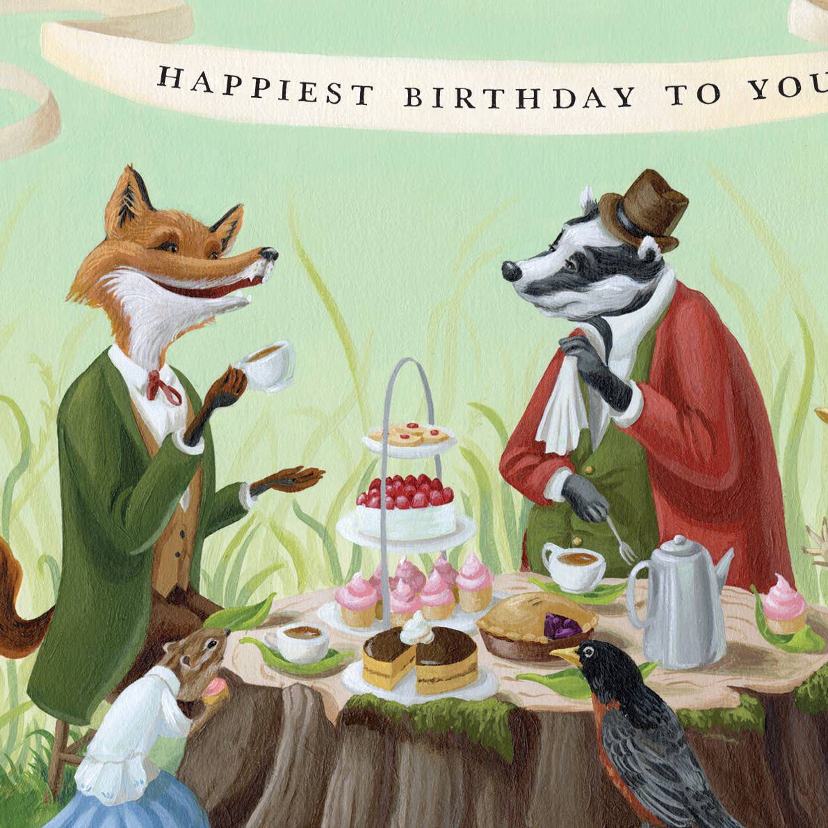 Birthday card with animals at a tea party, featuring a fox, badger, and robin.