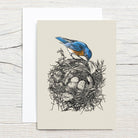 Illustration of a blue bird on a nest with eggs against a light background