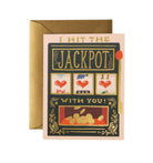 Greeting card with slot machine design and text 'I hit the jackpots with you!' on a white background.