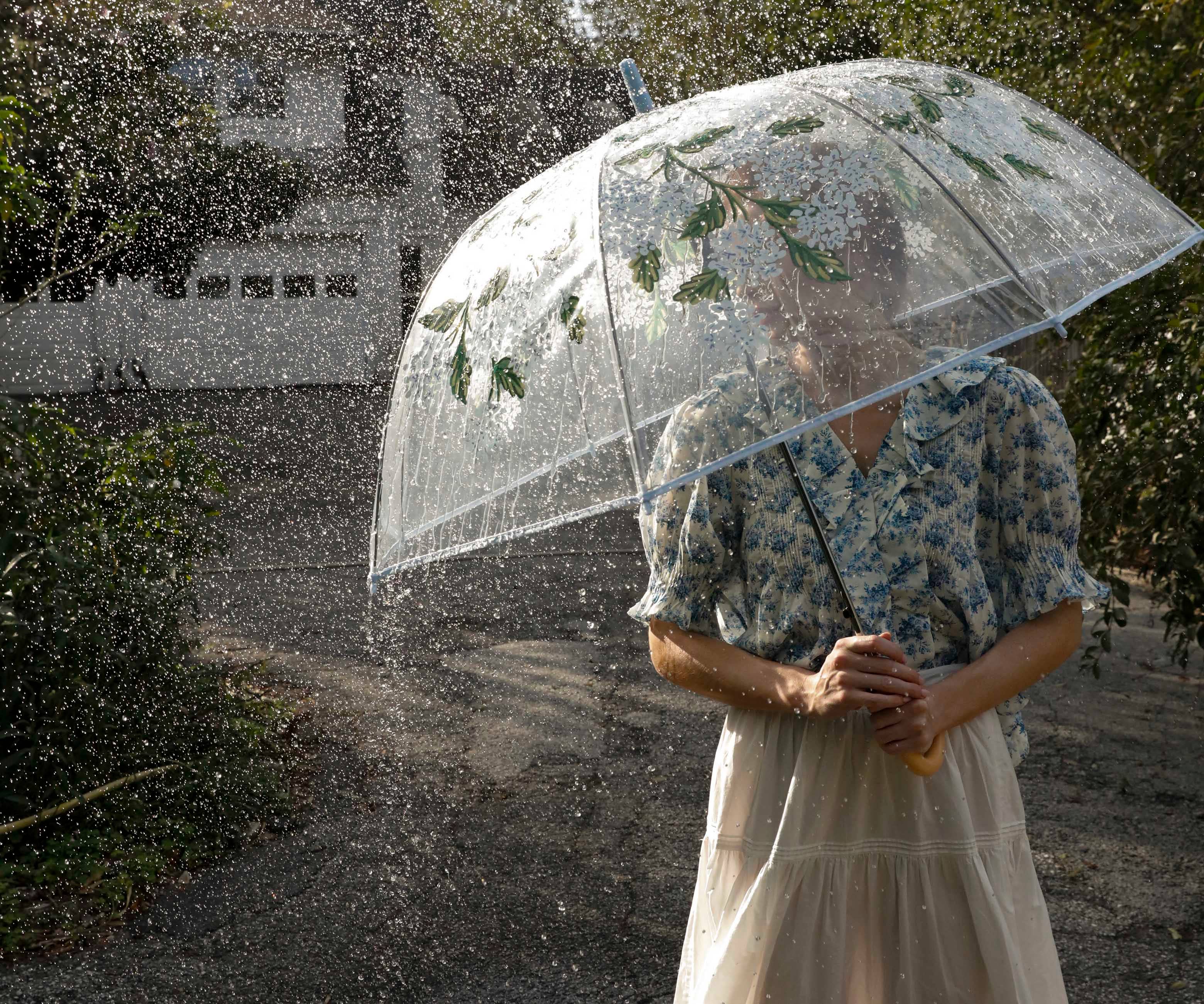 Person holding a transparent floral umbrella in the rain