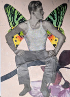 Collage of a person with butterfly wings sitting on a chair.