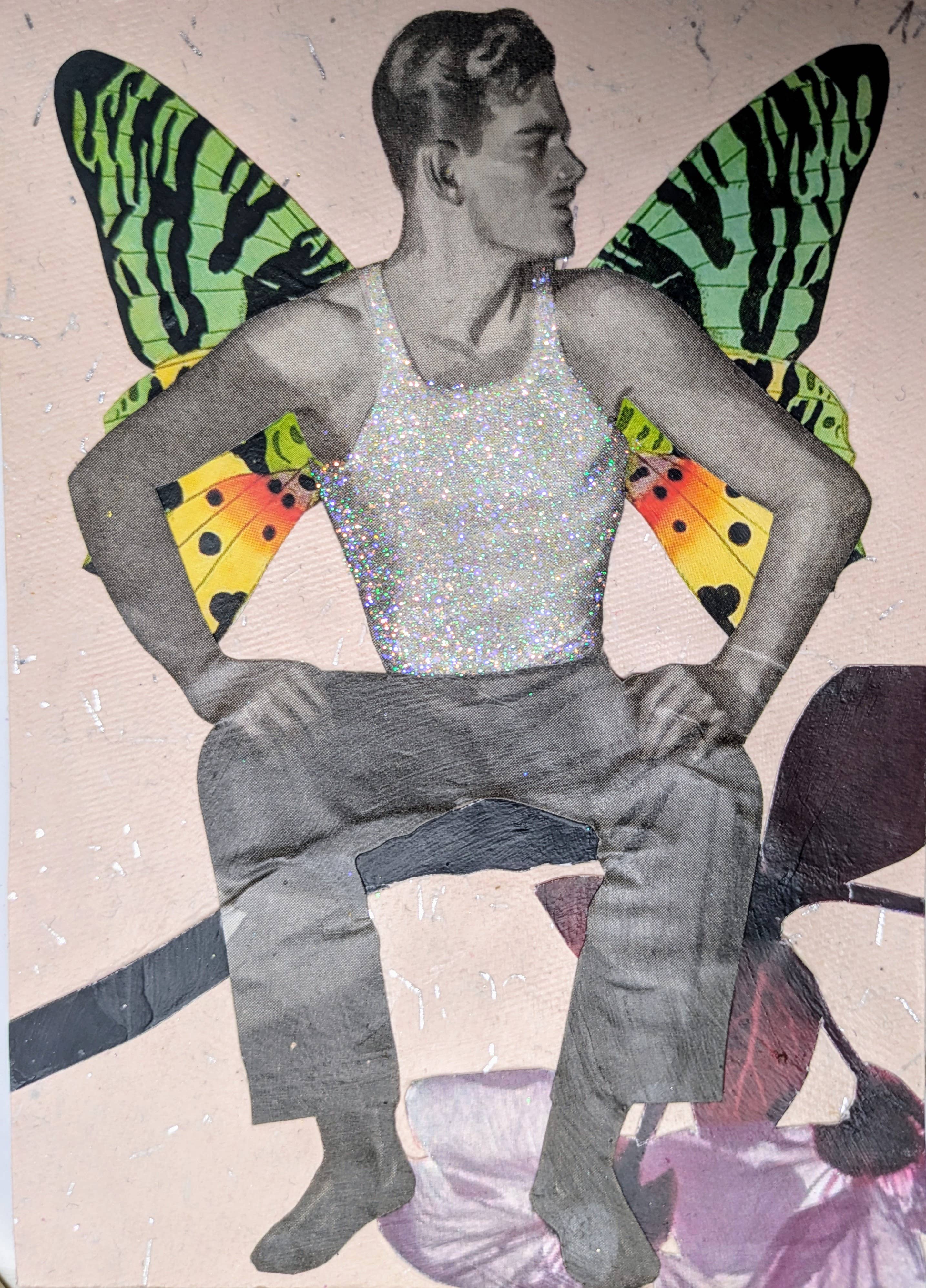 Collage of a person with butterfly wings sitting on a chair.