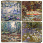 Set of four Coasters with artistic depictions of water lilies and a bridge.