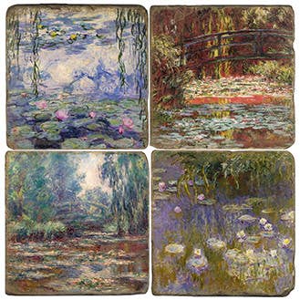 Set of four Coasters with artistic depictions of water lilies and a bridge.