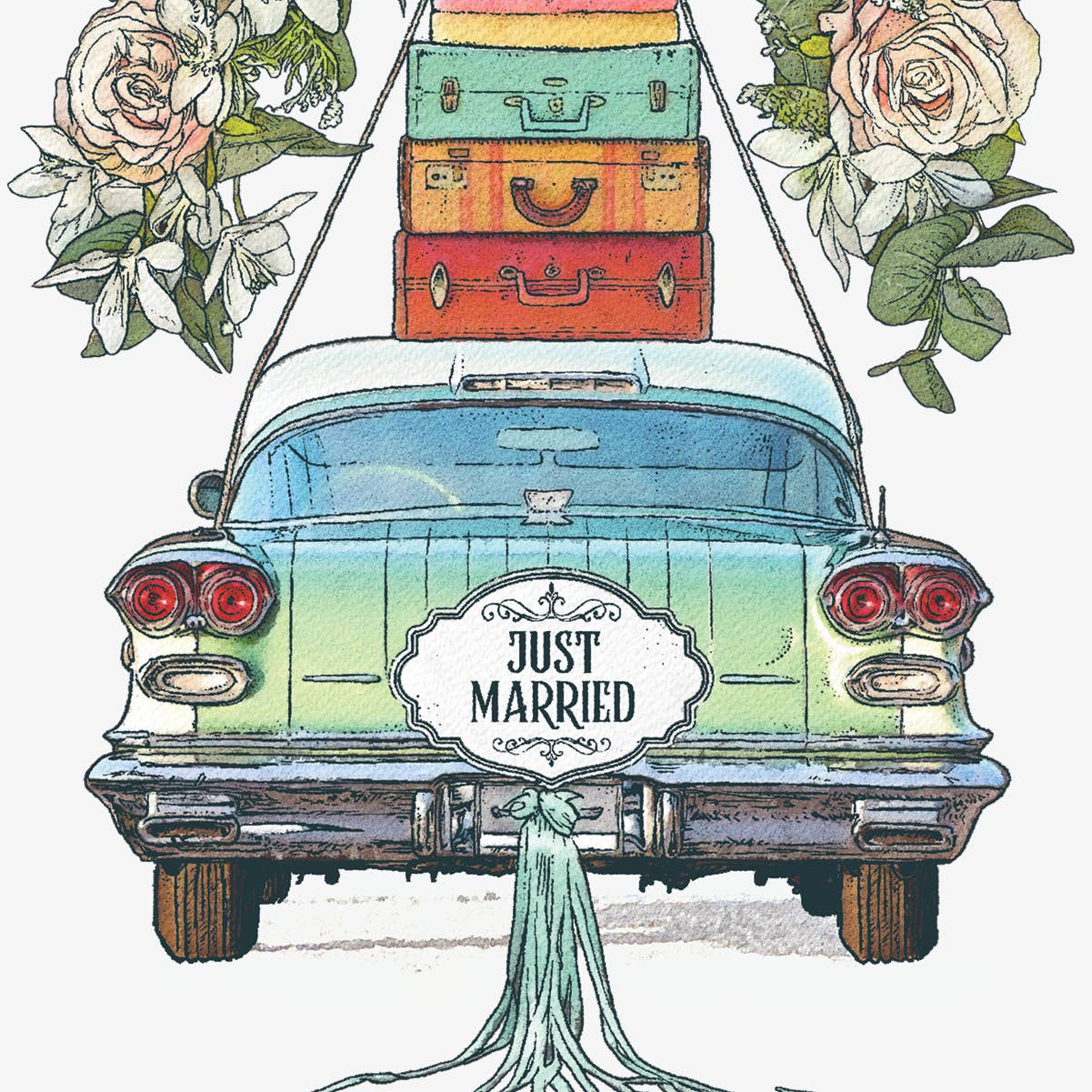 Vintage car with 'Just Married' sign, colorful suitcases, and floral decorations on a white background