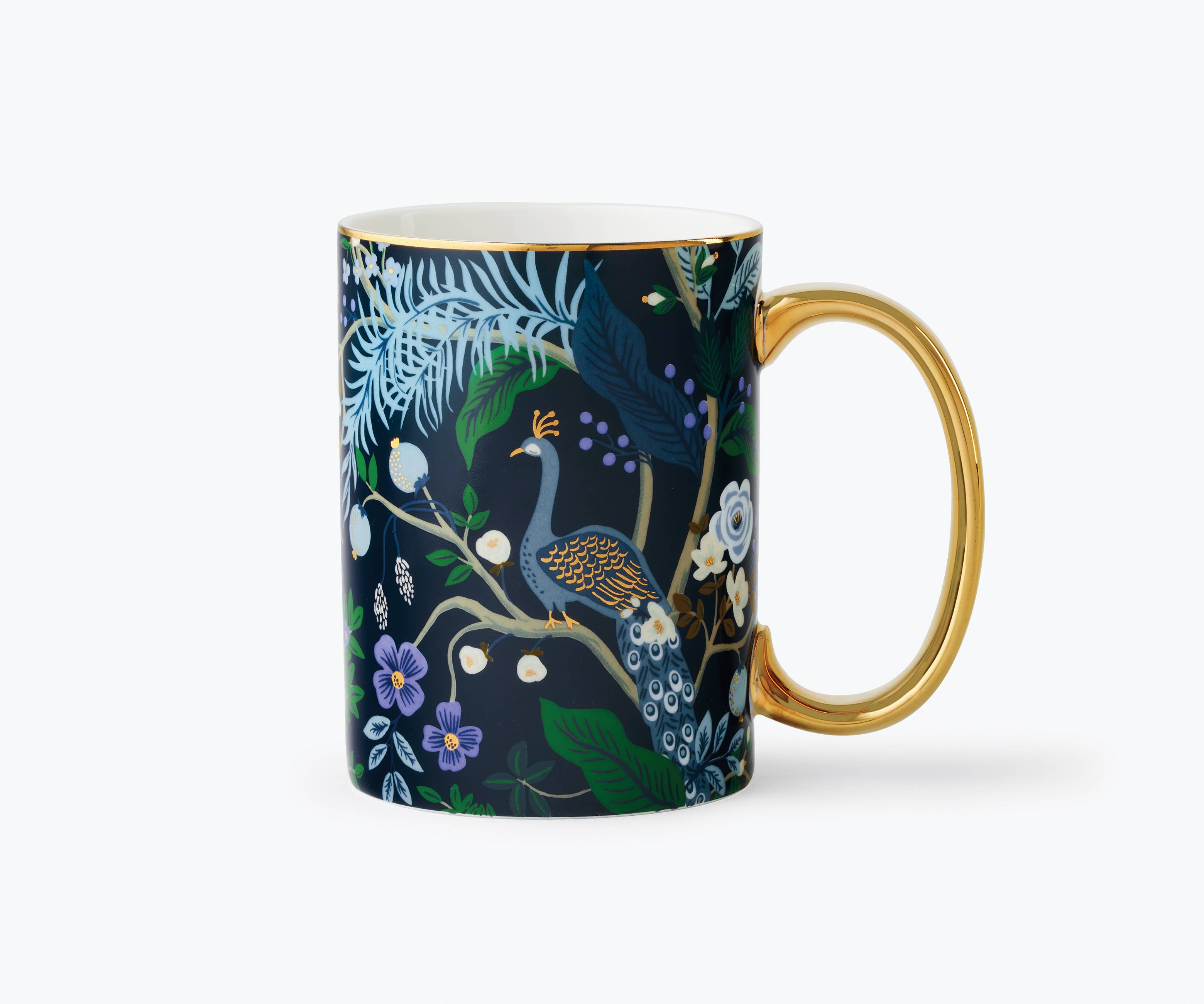 Mug with peacock design on a white background
