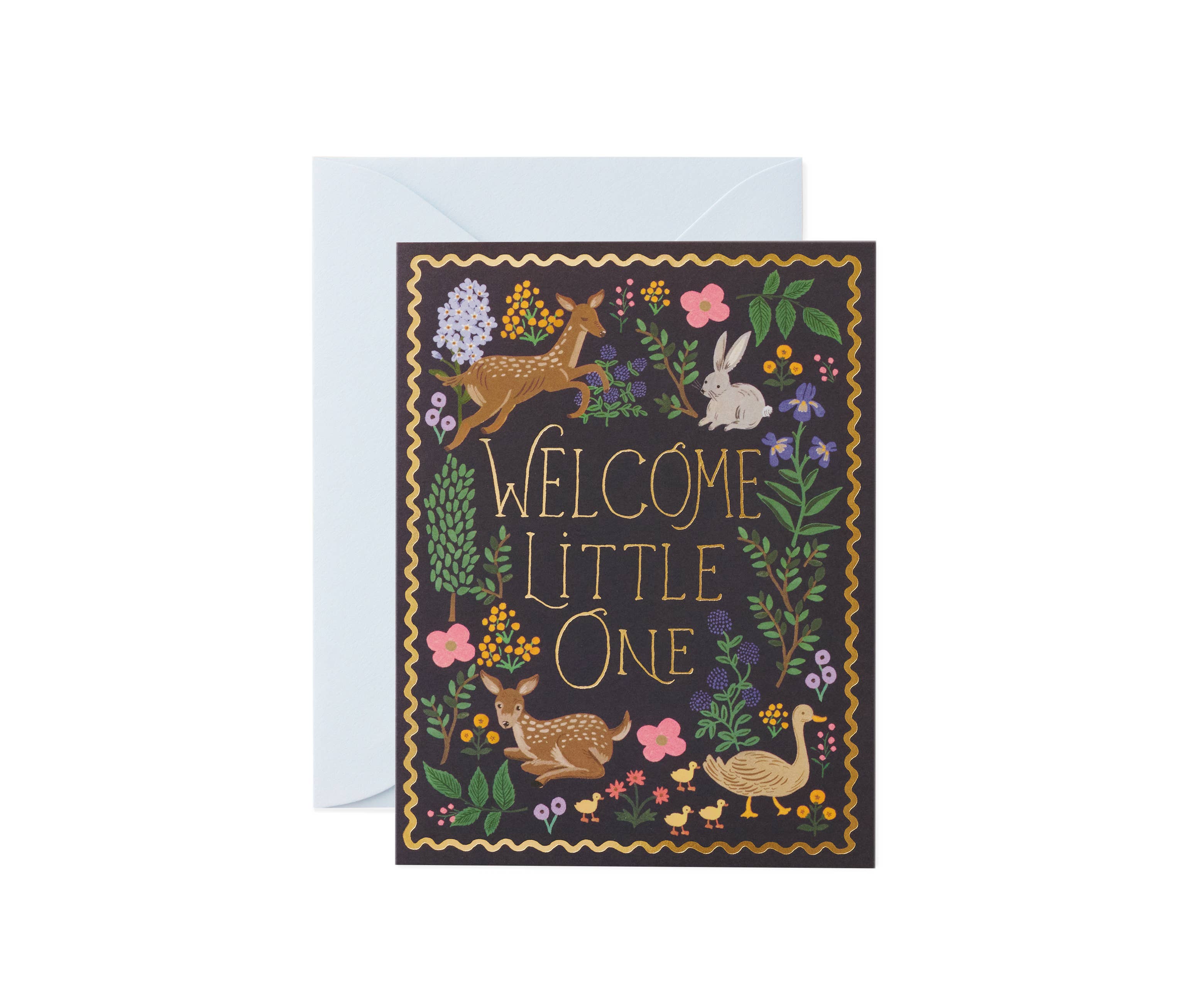 Greeting card with animals and 'Welcome Little One' text on a white background