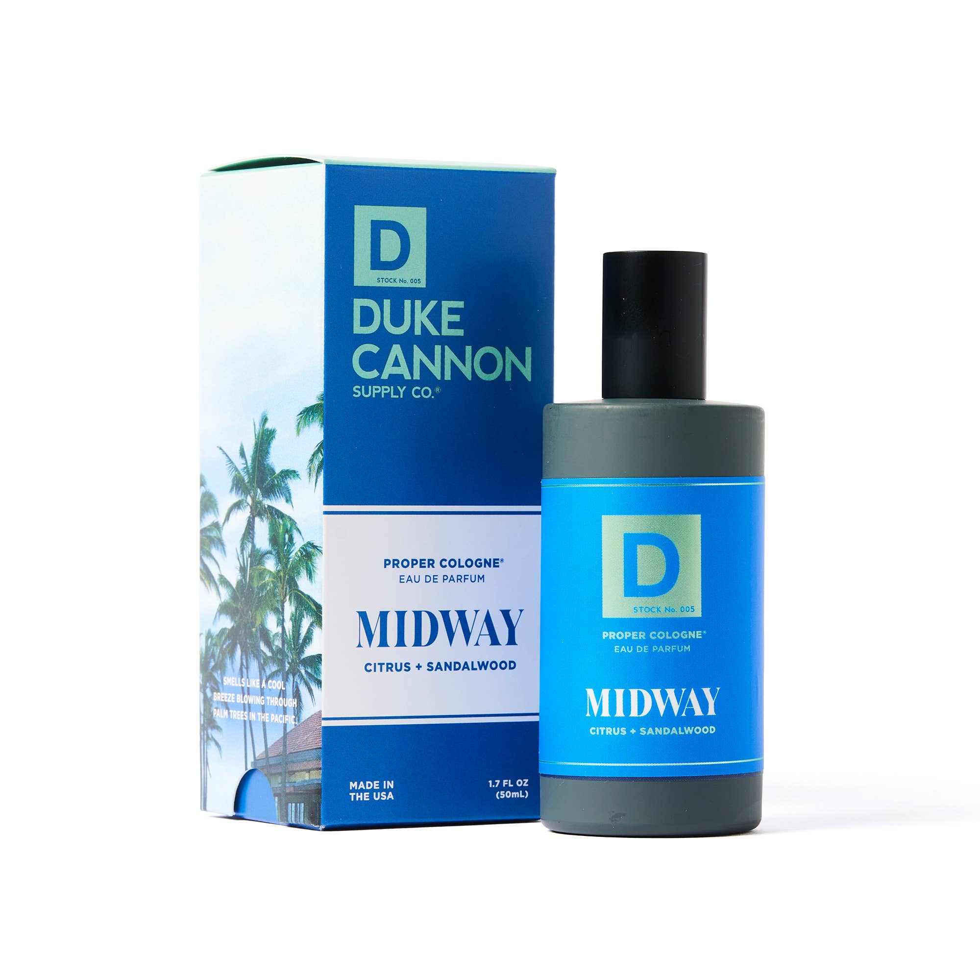Duke Cannon Midway cologne bottle and packaging on a white background