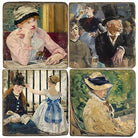 Set of four vintage-style portraits on a decorative tile.