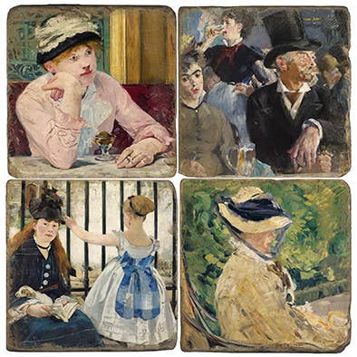 Set of four vintage-style portraits on a decorative tile.