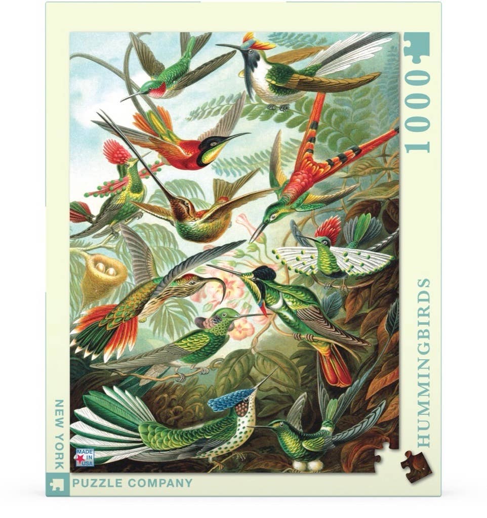 Jigsaw puzzle box with colorful hummingbird illustration and 'New York Puzzle Company' branding.