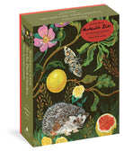 Boxed puzzle featuring a hedgehog, butterfly, and flowers on a dark background
