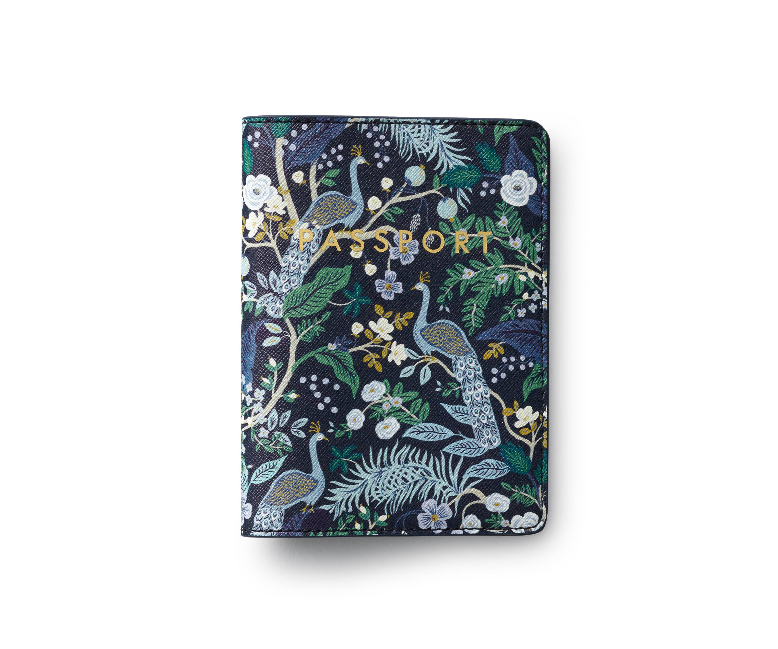 Passport holder with peacock design on a white background