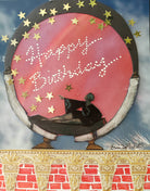 Vintage-style birthday card with a person in a dark coat and hat, stars, and 'Happy Birthday' text.