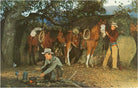 Two cowboys tending to their horses under a tree, with one cooking on a fire.