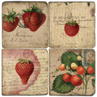 Set of four vintage-style strawberry coasters with text and stamps.
