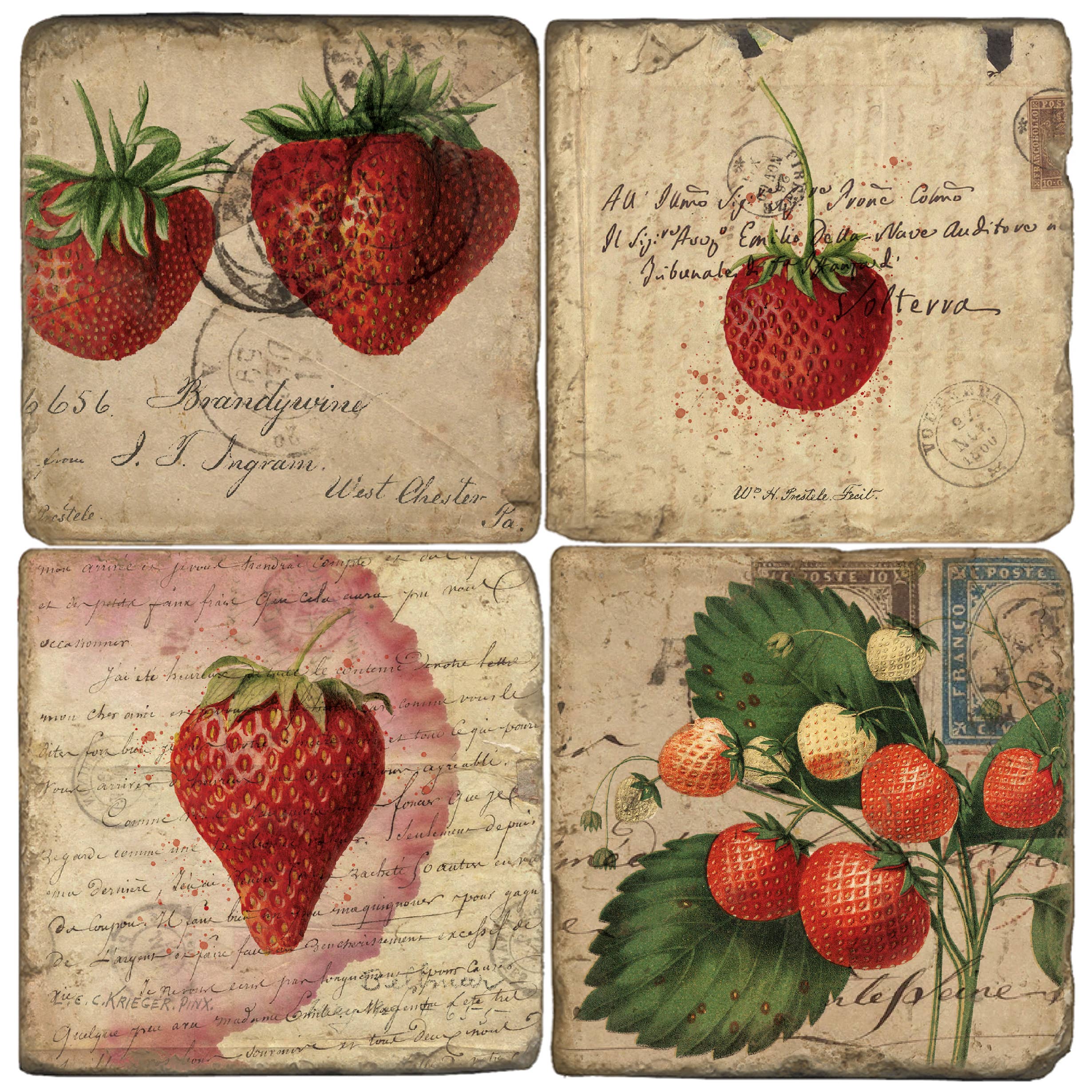 Set of four vintage-style strawberry coasters with text and stamps.