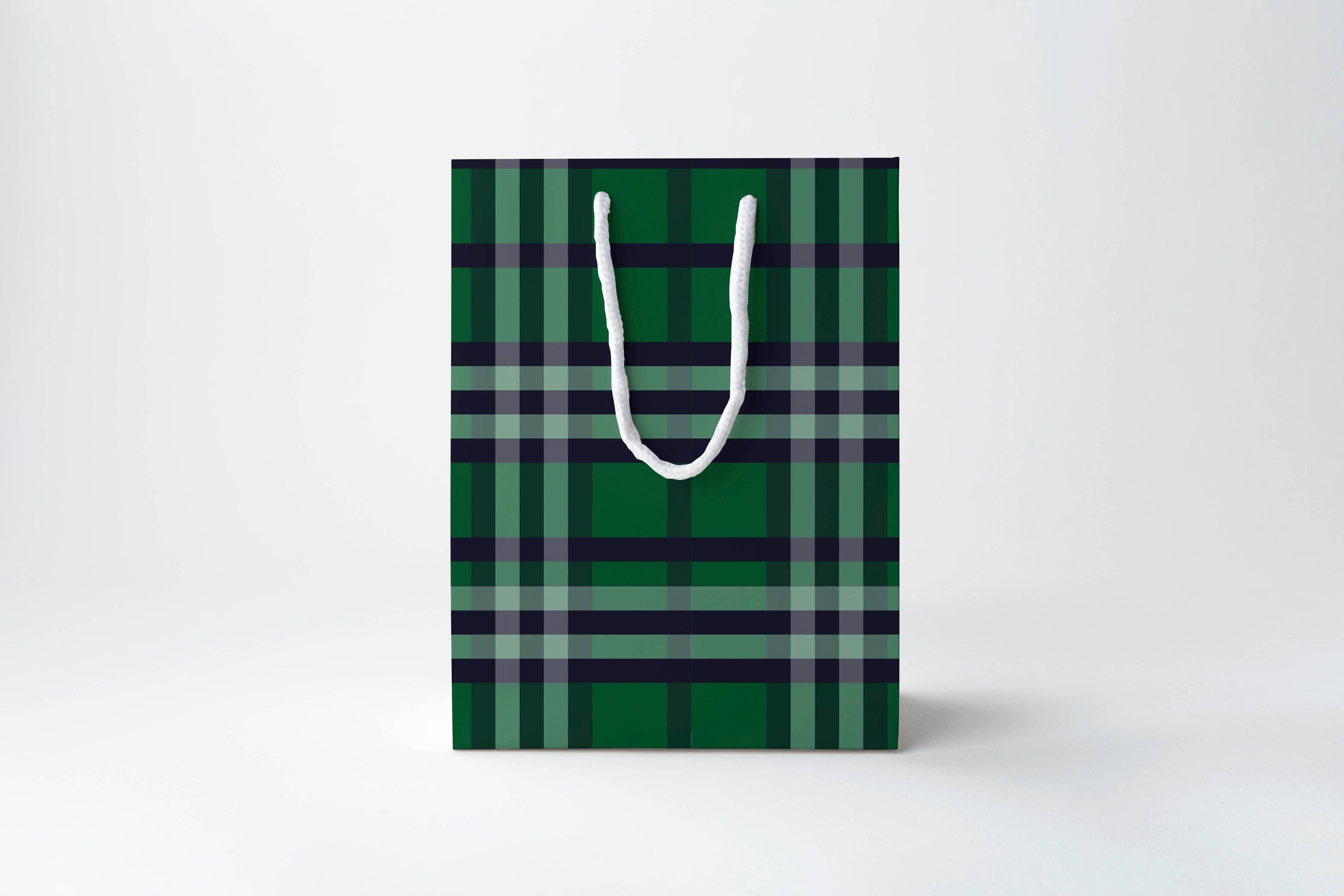 Green plaid paper bag with a white handle on a white background