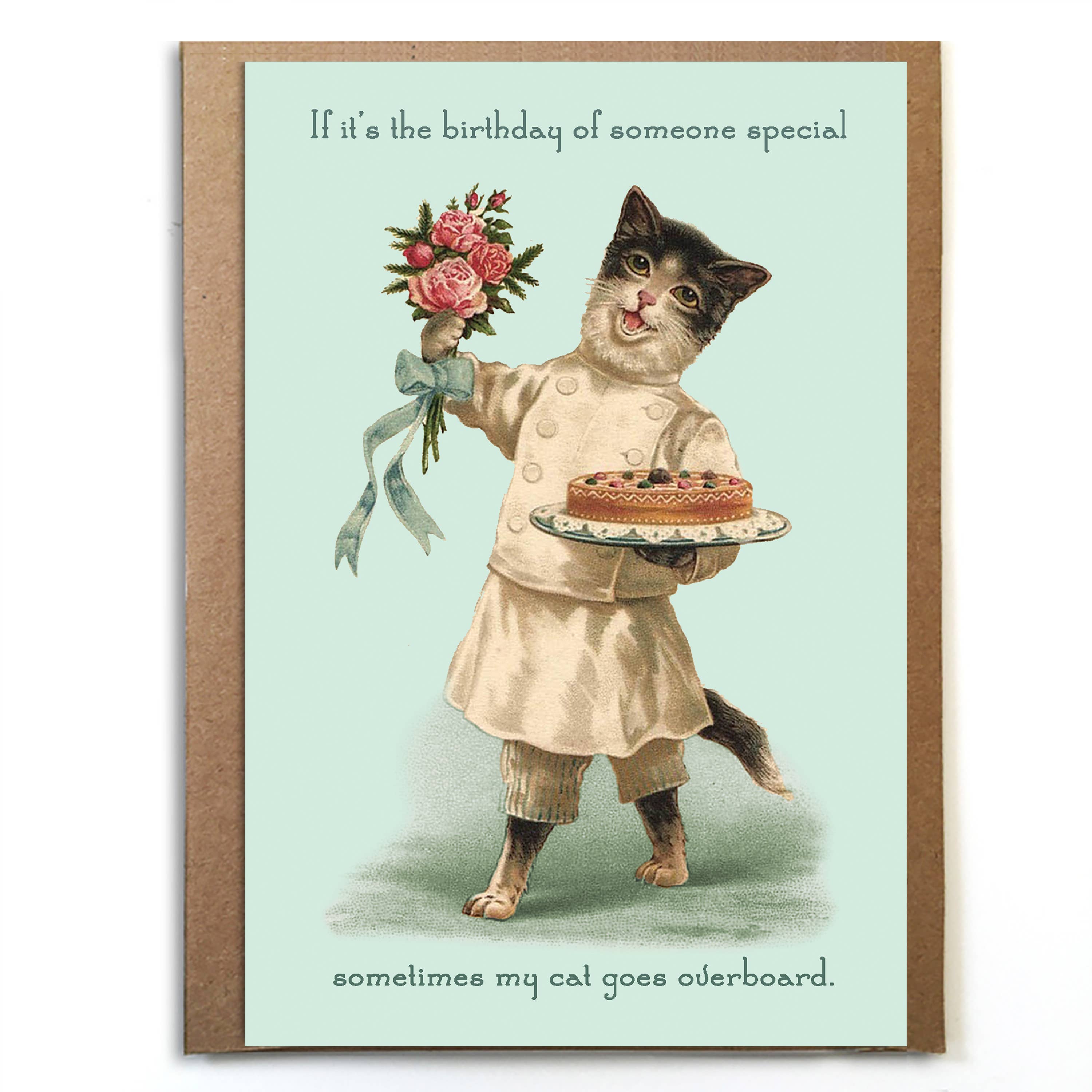 Greeting card with a cat holding flowers and a cake, on a light blue background.