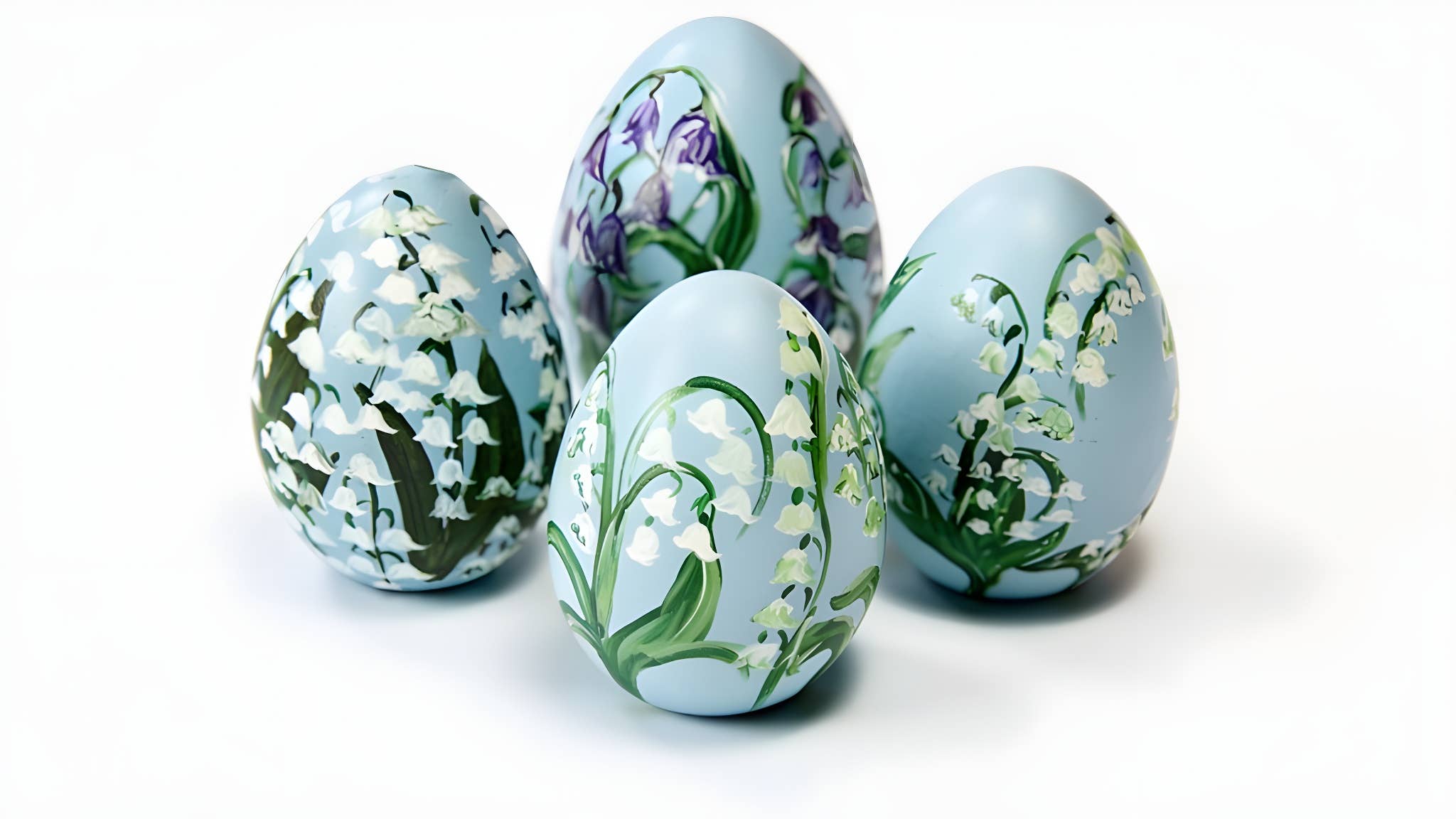 Four Easter eggs with floral designs on a white background