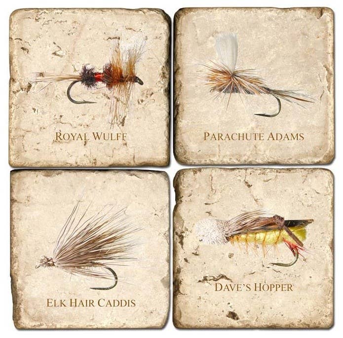 Set of four coasters with fly fishing flies and their names on a textured background