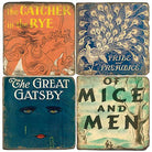 Four book covers of 'The Catcher in the Rye', 'Pride and Prejudice', 'The Great Gatsby', and 'Of Mice and Men' arranged in a 2x2 grid.