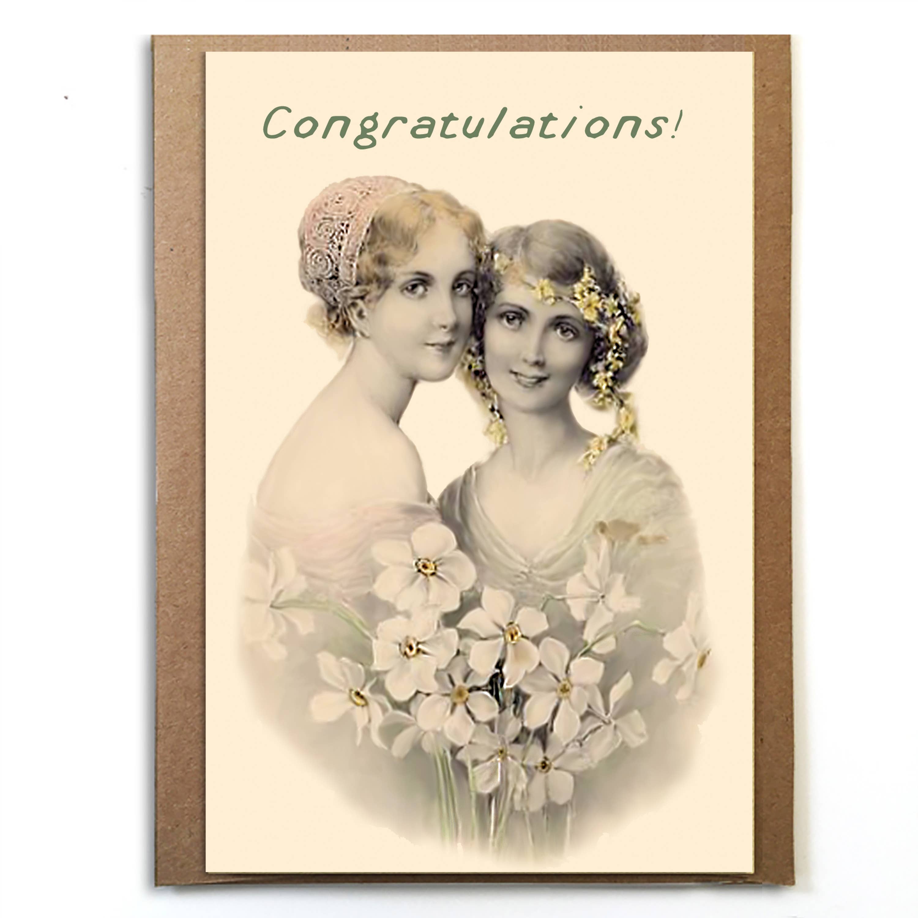 Vintage-style card with two women holding flowers and 'Congratulations!' text.