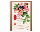 Vintage-style Valentine's Day card with a woman surrounded by flowers and text.