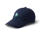 Navy blue cap with a floral emblem on a white background