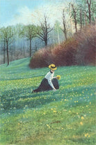 Woman sitting on a grassy hill with flowers, surrounded by trees and nature.