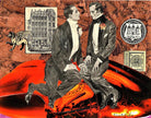 Collage of two men in formal attire sitting on a red car with vintage elements.
