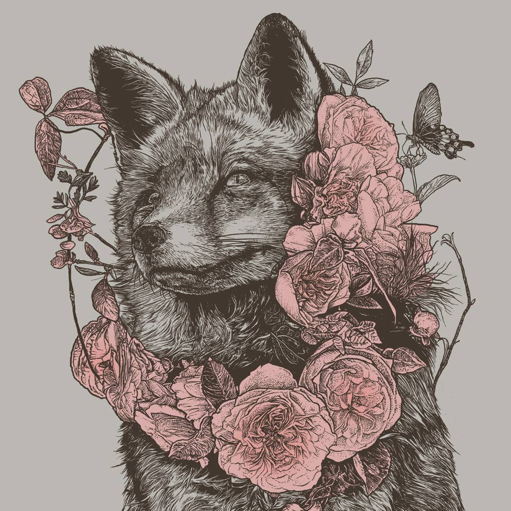 Illustration of a fox surrounded by pink flowers and leaves on a gray background