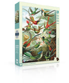Jigsaw puzzle box featuring hummingbirds on a white background