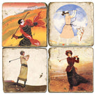 Set of four vintage-style golf-themed coasters with different women playing golf.