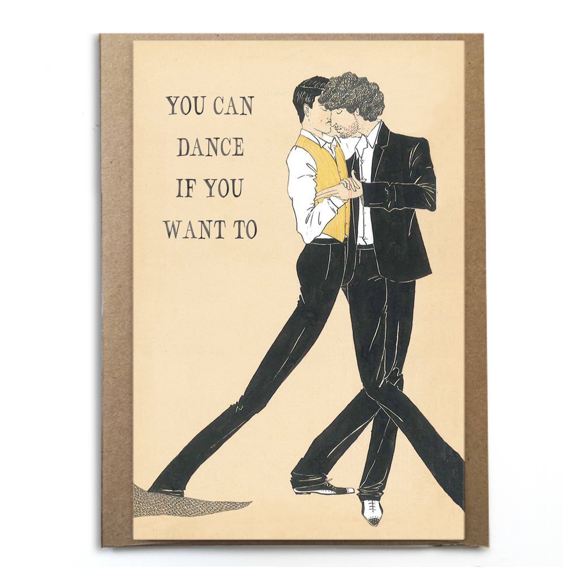 Card with illustration of two people dancing and text 'You can dance if you want to' on a beige background.