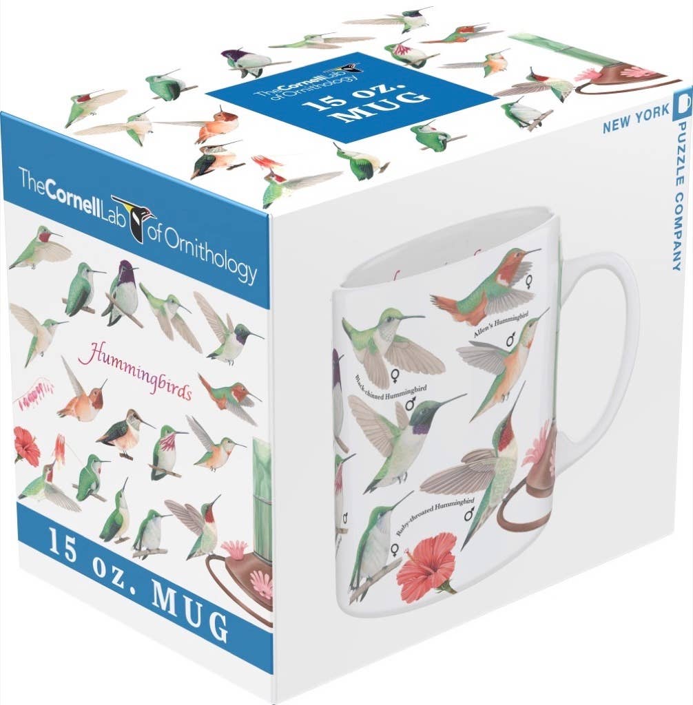 Mug with hummingbird design packaging featuring Cornell Lab of Ornithology branding.