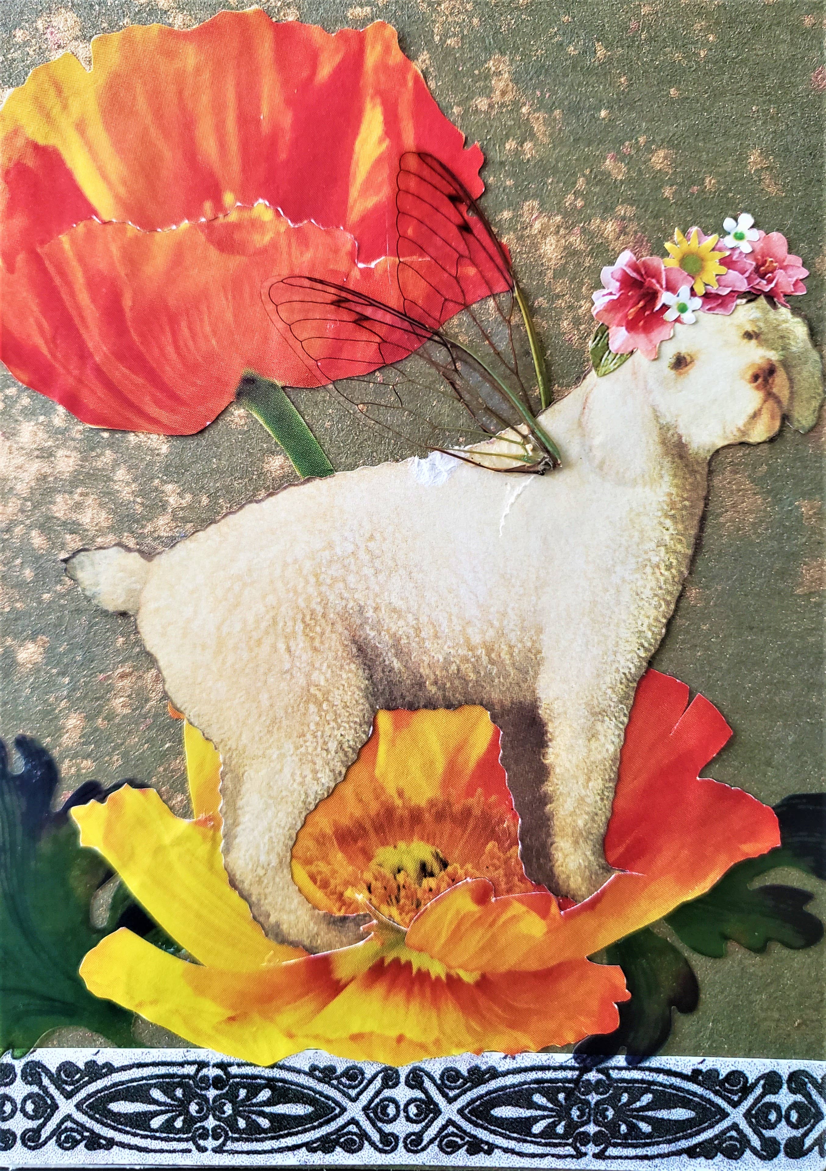 Collage of a dog with butterfly wings and flowers on a floral background