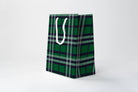 Green plaid paper bag with a white handle on a white background