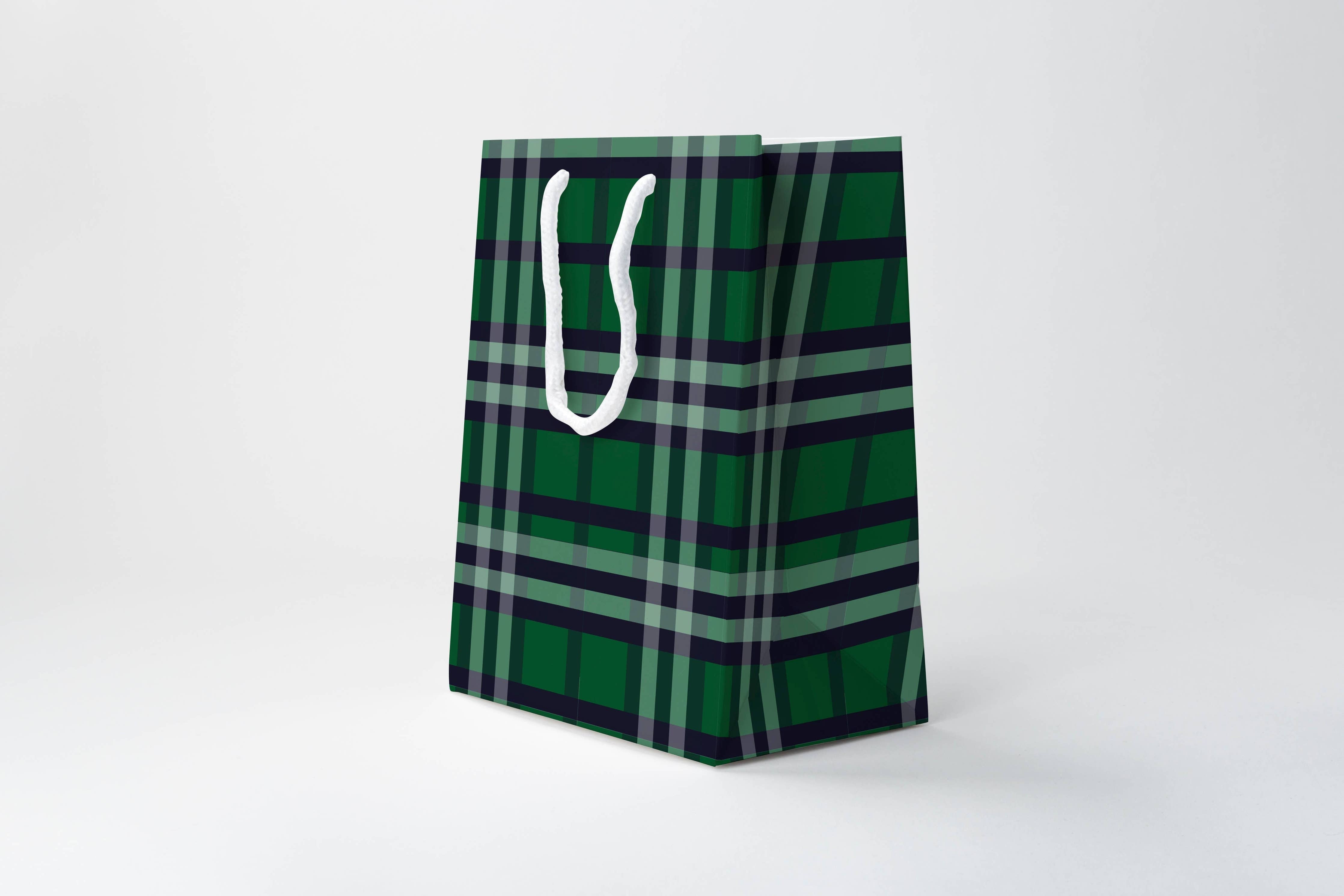 Green plaid paper bag with a white handle on a white background