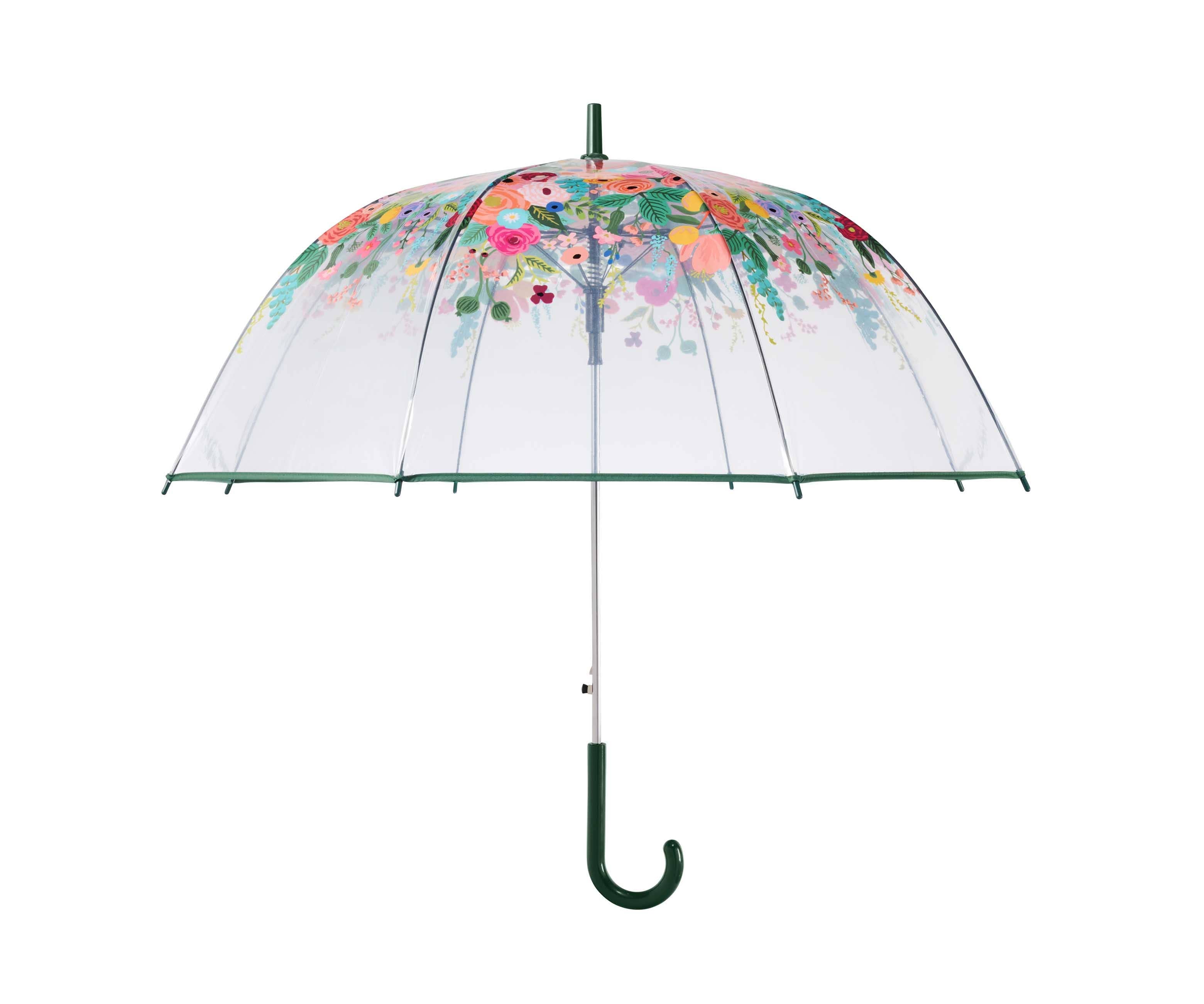 Transparent umbrella with floral design on a white background