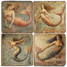 Four decorative tiles featuring mermaid illustrations with a vintage style.