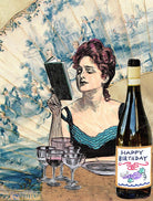 Vintage-style illustration of a woman reading with a bottle of wine and 'Happy Birthday' label.