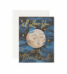 Greeting card with moon and stars design and 'I Love You to the Moon & Back' text.