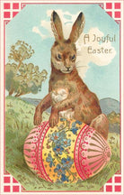 Vintage-style Easter card with a rabbit and decorated eggs on a checkered border.