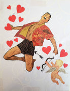 Illustration of a shirtless man with hearts and a cupid figure on a light background
