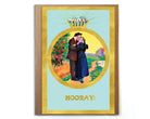 Vintage-style greeting card with a couple in a large wedding ring and 'Hooray!' text.